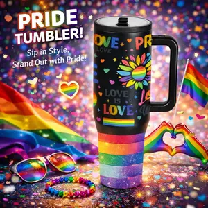 1pc 40oz Stainless Steel Rainbow Pride Tumbler With Handle And Lid, Insulated Drink Tumbler, Vacuum Insulated Flask, Heart Design Insulated Travel Mug, Keeps Cold 12H Hot 6H, Coffee Cup Gift For Friends LGBTQ Pride Month