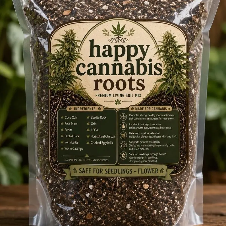Happy Cannabis Roots Premium Living Soil, Fast-Draining Potting Mix – Safe for Seedlings Through Flowering Stages