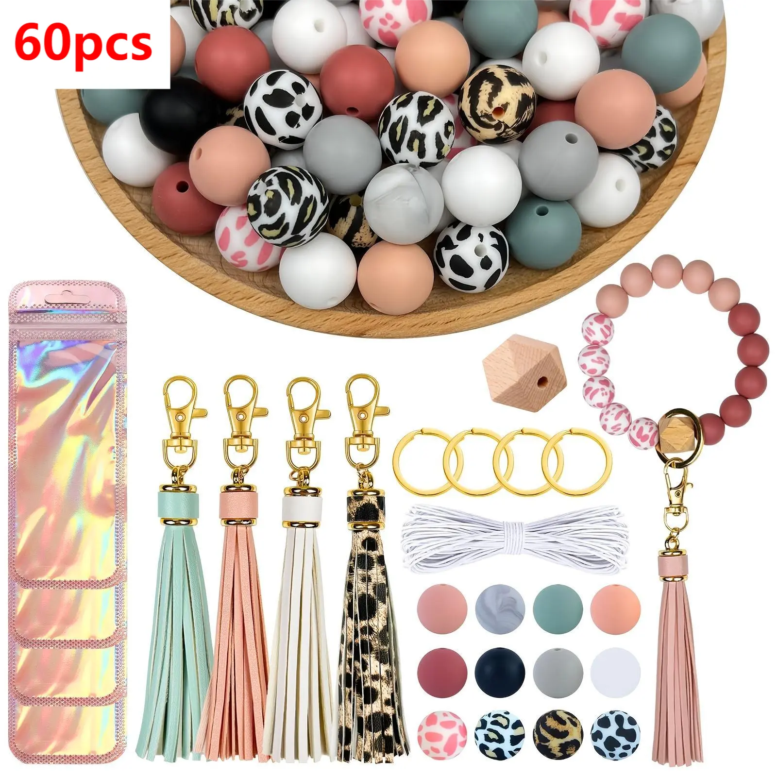 60pcs Colorful Mix Silicone Bead Keychains Beading Supplies Kit, 15mm Crafting Kits for Keychain Bracelet Making with Key Rings and Tassels, Beads Set, Tassel Keys