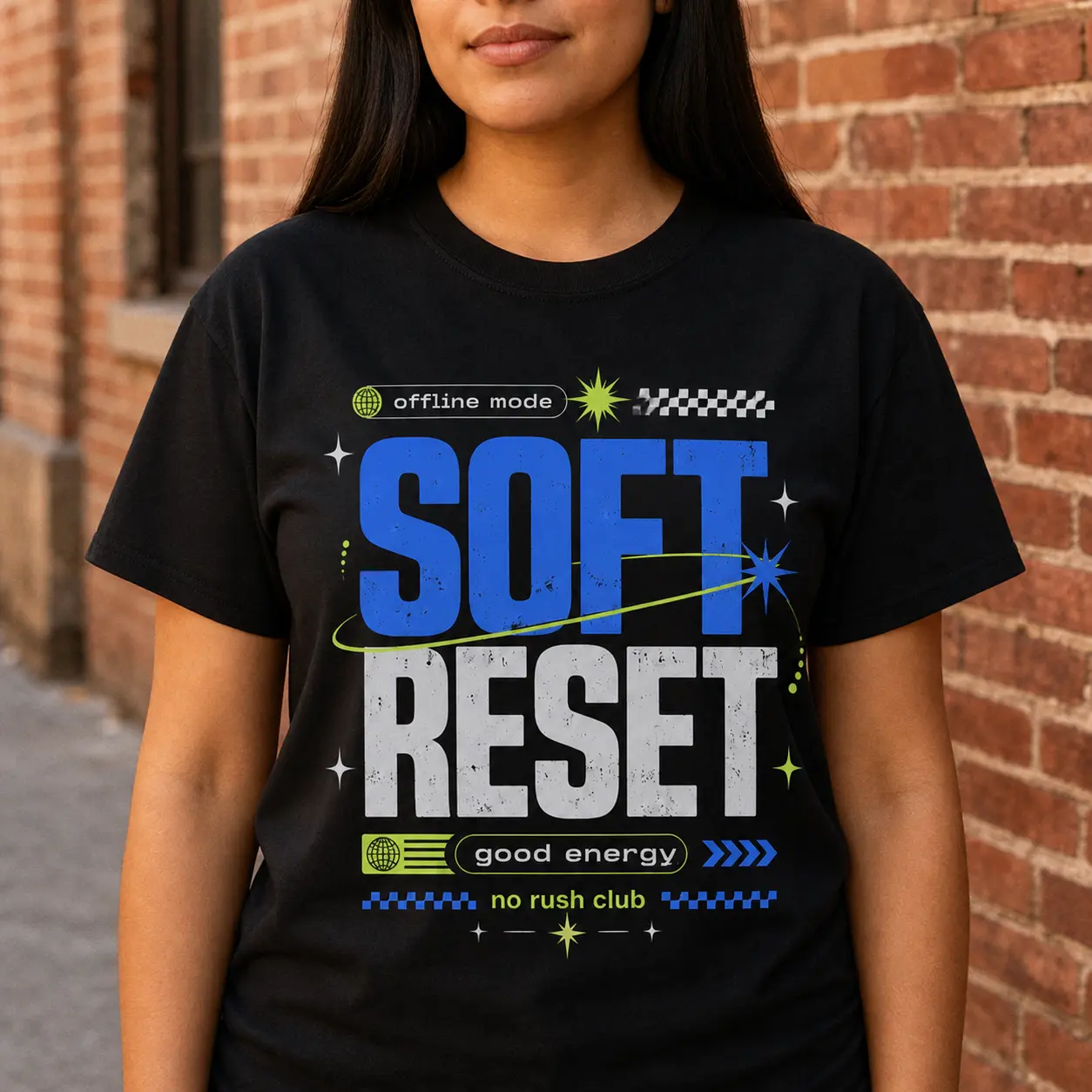 Women's Y2K Tech Graphic T-Shirt - 180g 100% Cotton, Fitted Crew Neck, Offline Mode Soft Reset Design, Good Energy Muppet Print, Black
