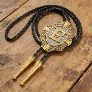 Western Bolo Tie for Men, Gold Initial Letter A-Z Cowboy Bolo Tie with Leather Cord, Vintage Western Necktie for Men Women, Cowboy Tie Western Accessories
