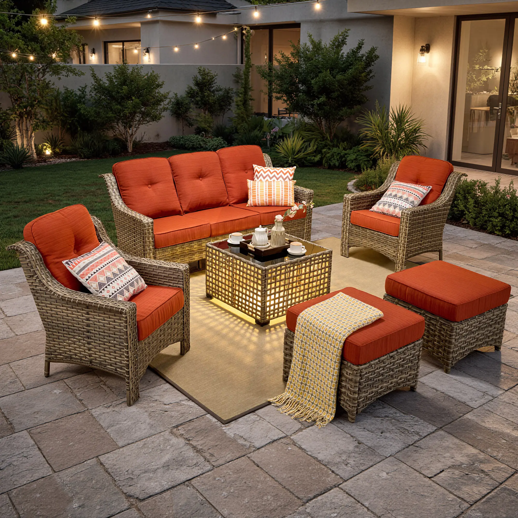 XIZZI 5-Piece Modern Patio Set - Rust-Free, Safe Outdoor Furniture Set with High-Back Swivel Rocker Chairs & Solar-Powered Coffee Table (Solar Panels Included) for Garden Gatherings