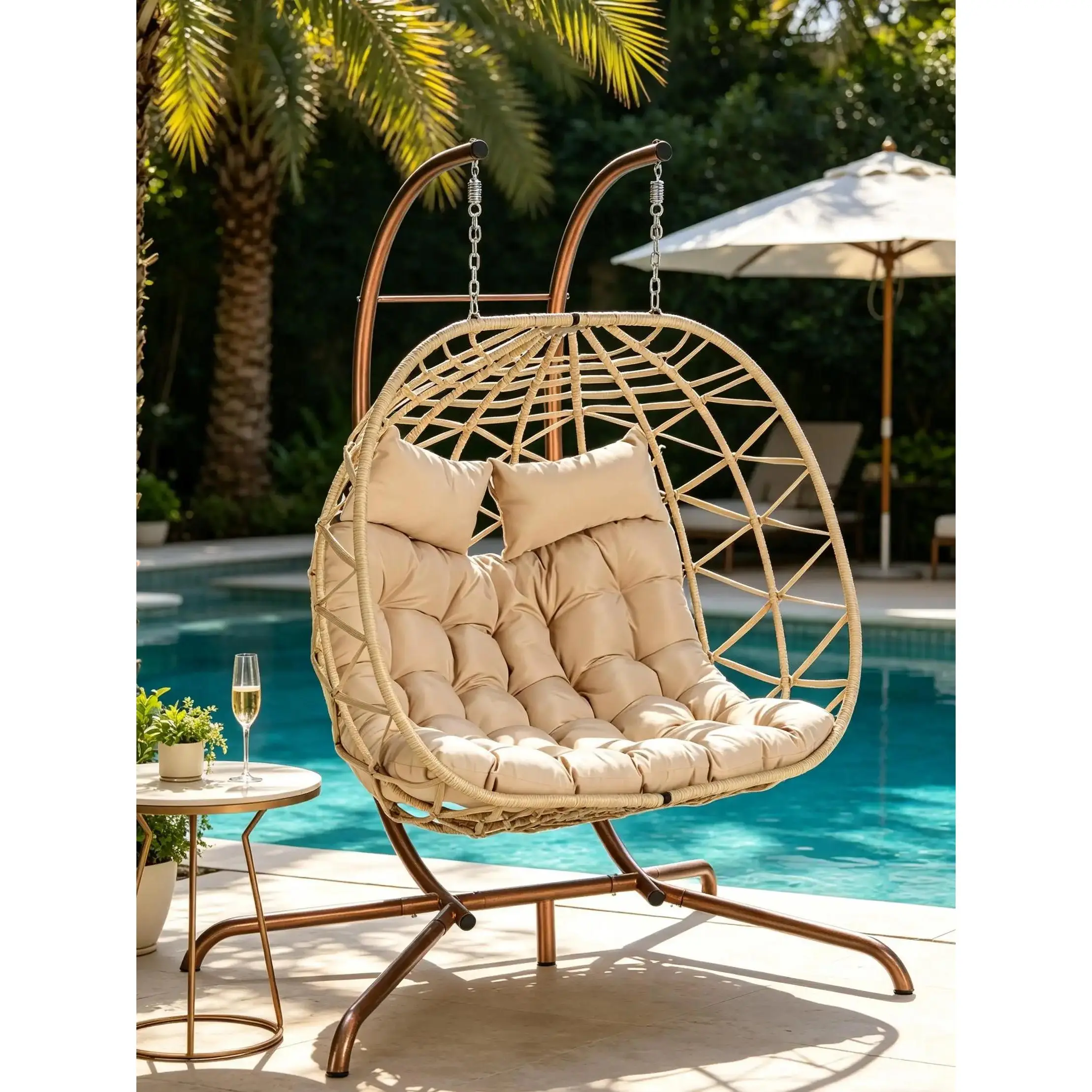 Summervibes Hanging Egg Lounge Chair with Double Iron Stand, Round PE Wicker Rattan Hammock, UV-Resistant Breathable Cotton Cushions, 600 lbs Load Capacity, Weather-Resistant Swinging Chair for Outdoor Patio Porch, Large Black Set with Metal Cover, Hangin