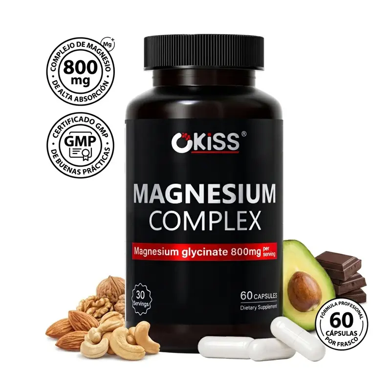 Okiss Magnesium Complex 800mg — alivio del estrés y apoyo para el sueño, con glicinato de magnesio, L-teanina, manzanilla y ashwagandha