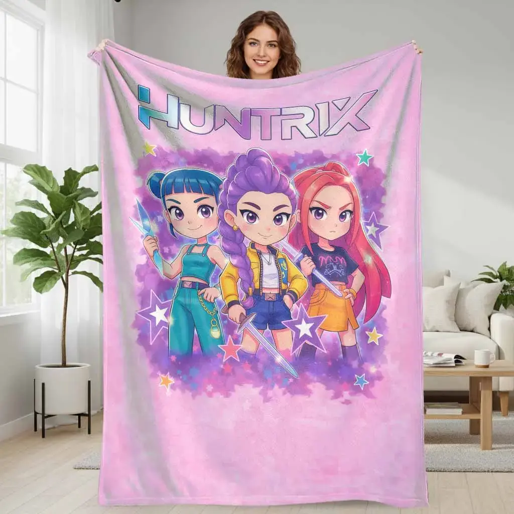 Huntrix Girl Squad Cartoon Flannel Blanket - Colorful Anime Character Print with Star, Sword Elements, Wrinkle Resistant, All-Season, Soft Cozy Lightweight Throw for Home/Sofa, Bedroom, Blanket Gifts, Soft Blankets
