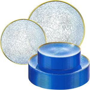 60 count Blue Plastic Plates - Blue Disposable Plates With  Rim, Heavy-duty  Plates,Water ripples Party Plates Include 30 Dessert-Platos,30 Dinner-Platos for party & Graduation& Spring