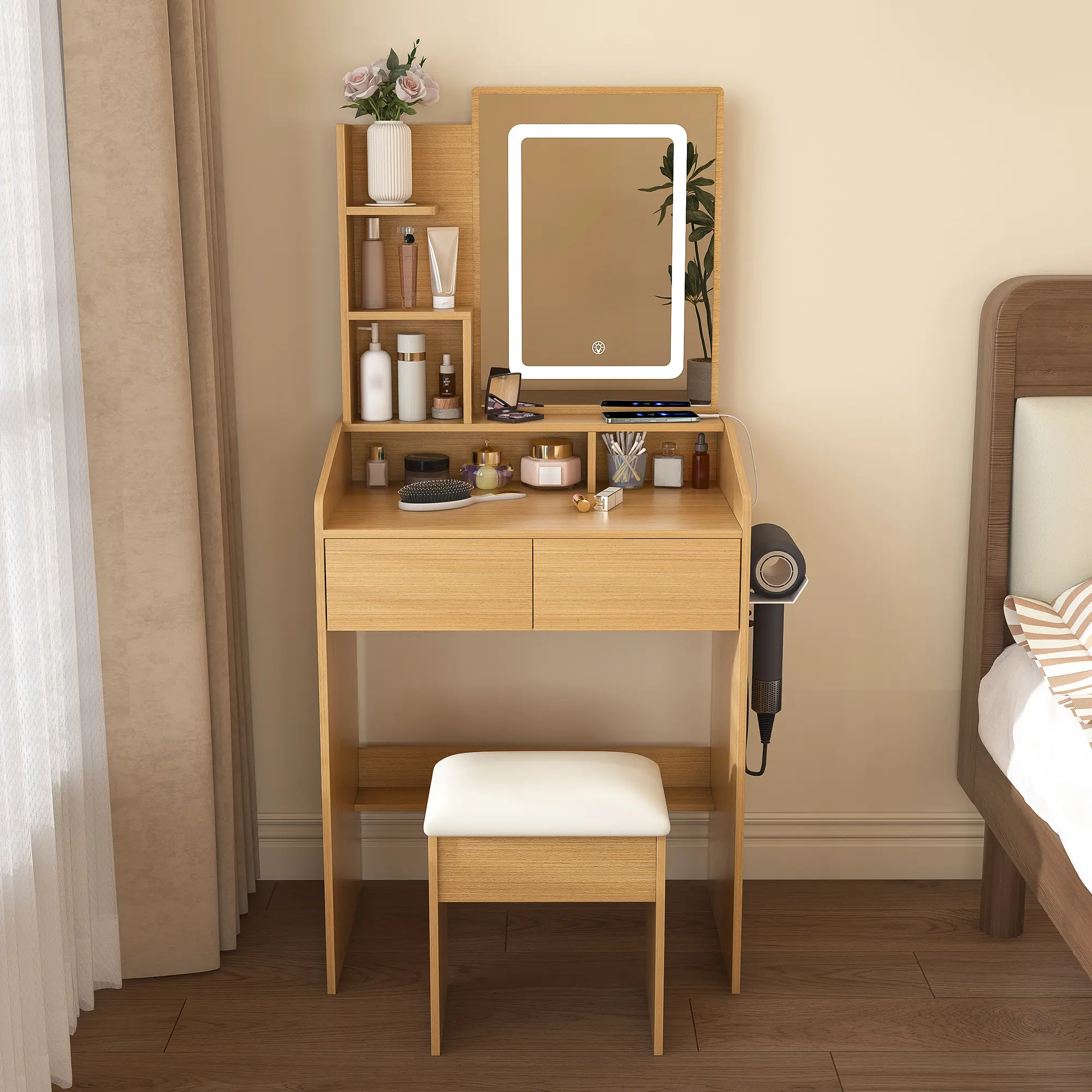 Modern Makeup Vanity Table with LED Lights, Power Outlet, Hairdryer Holder, Stable Wood Drawers, Stool - Makeup Storage Desk for Small Bedrooms, Apartments, Dorms with Warm/Neutral/Cool Lighting for Daily Beauty Routine, Sturdy