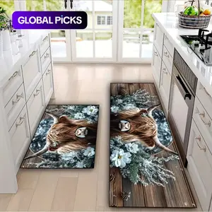 Highland cow & white floral pattern non-slip floor mat Animal Printed Rug. Soft & comfortable, preventing fatigue even after prolonged standing, for bathroom, kitchen, bedroom, living room, office, outdoor doormats, festive decorations #GLOBAL PICKS
