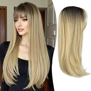 Clip in Synthetic Hair Topper with Bangs for Women Blonde with Dark Root 18inch Long Layered 6x6 Big Base Toppers Hairpieces for Thinning Hair Covering Gray Hair