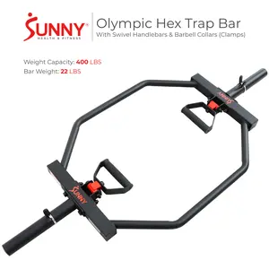 Sunny Health & Fitness Olympic Hex Barbell with Swivel Handles Trap Bar, 400 lbs Capacity, 22 lbs Bar Weight, Diamond Knurling Handles, Barbell Collars Safety Clips Clamps, Heavy-Duty Frame, Home Gym Workout Exercise OB-TRAPWorkout Exercise