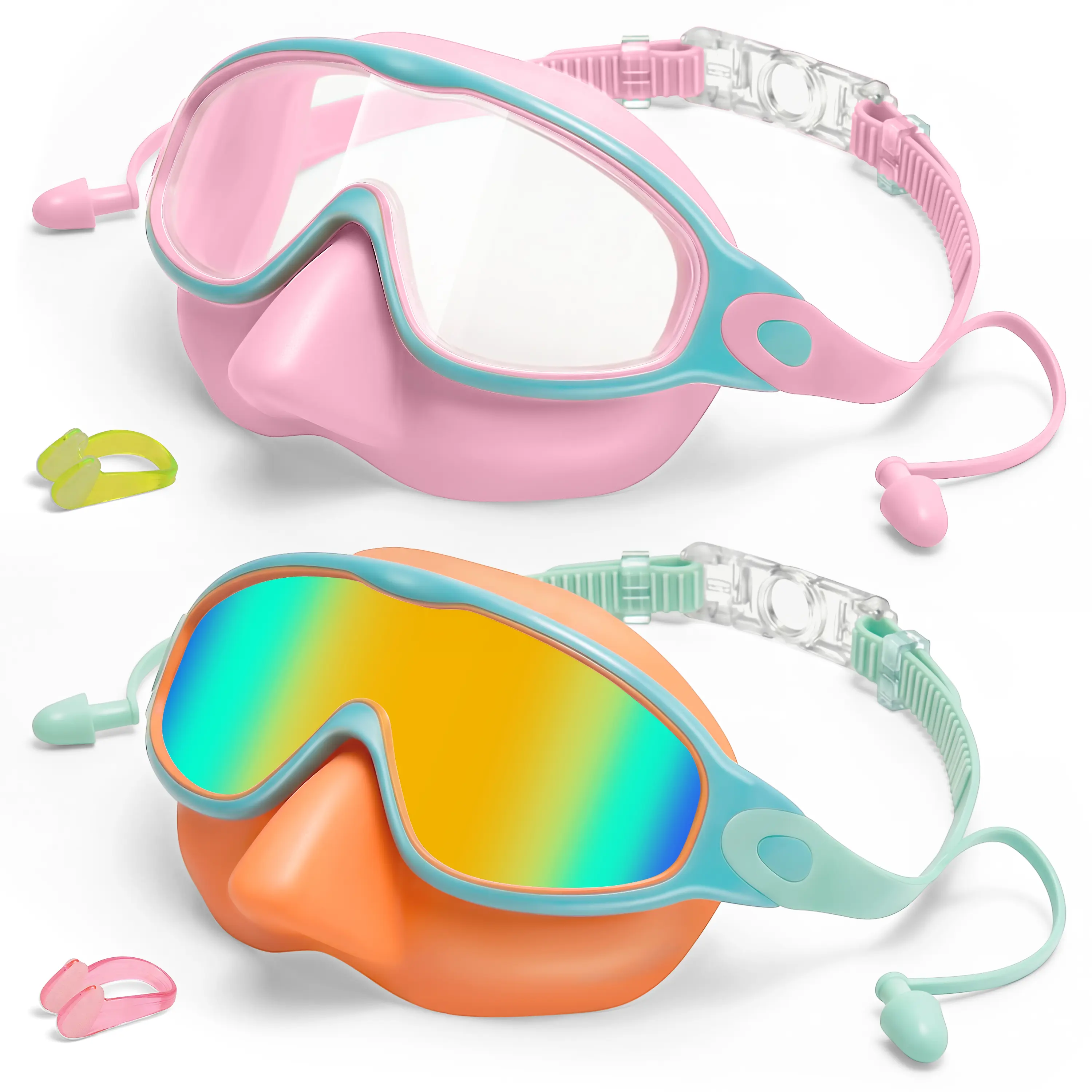 [Spring Shine]GOECI  Kids pool accessories-2 Pcs-Swim-Goggles with Nose Cover, Wide View Anti Fog UV
