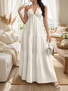 Women's Plain Dress Women's Maxi Summer Dresses Halter V Neck Beach Dresses for Women A-Line Casual Dress for Beach Holiday Vacation