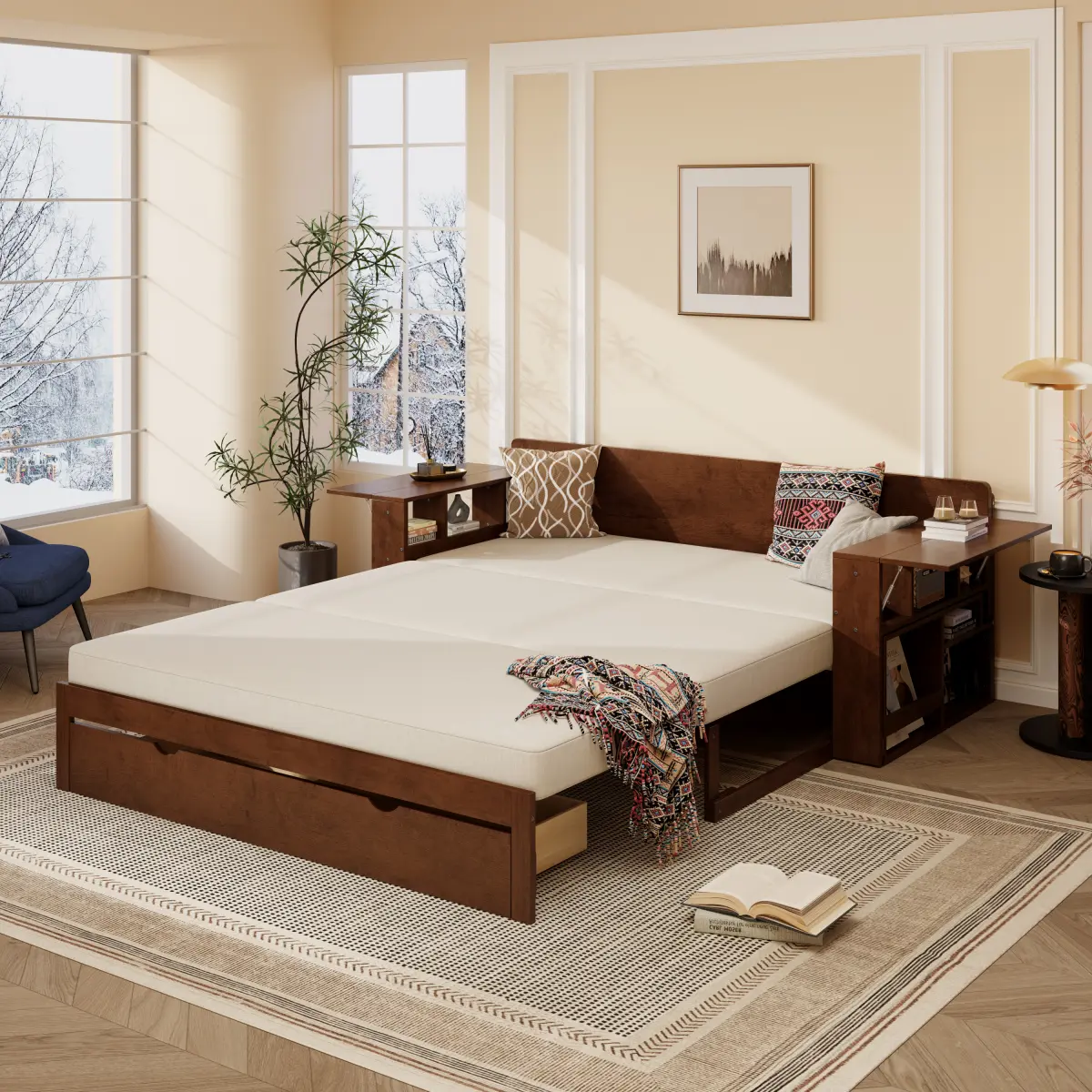 Extendable Daybed with Trundle, Queen Size Platform Sofa Bed Frame with 2 Storage Drawers and Removable Desk,  for Teens Adults/No Box Spring Needed