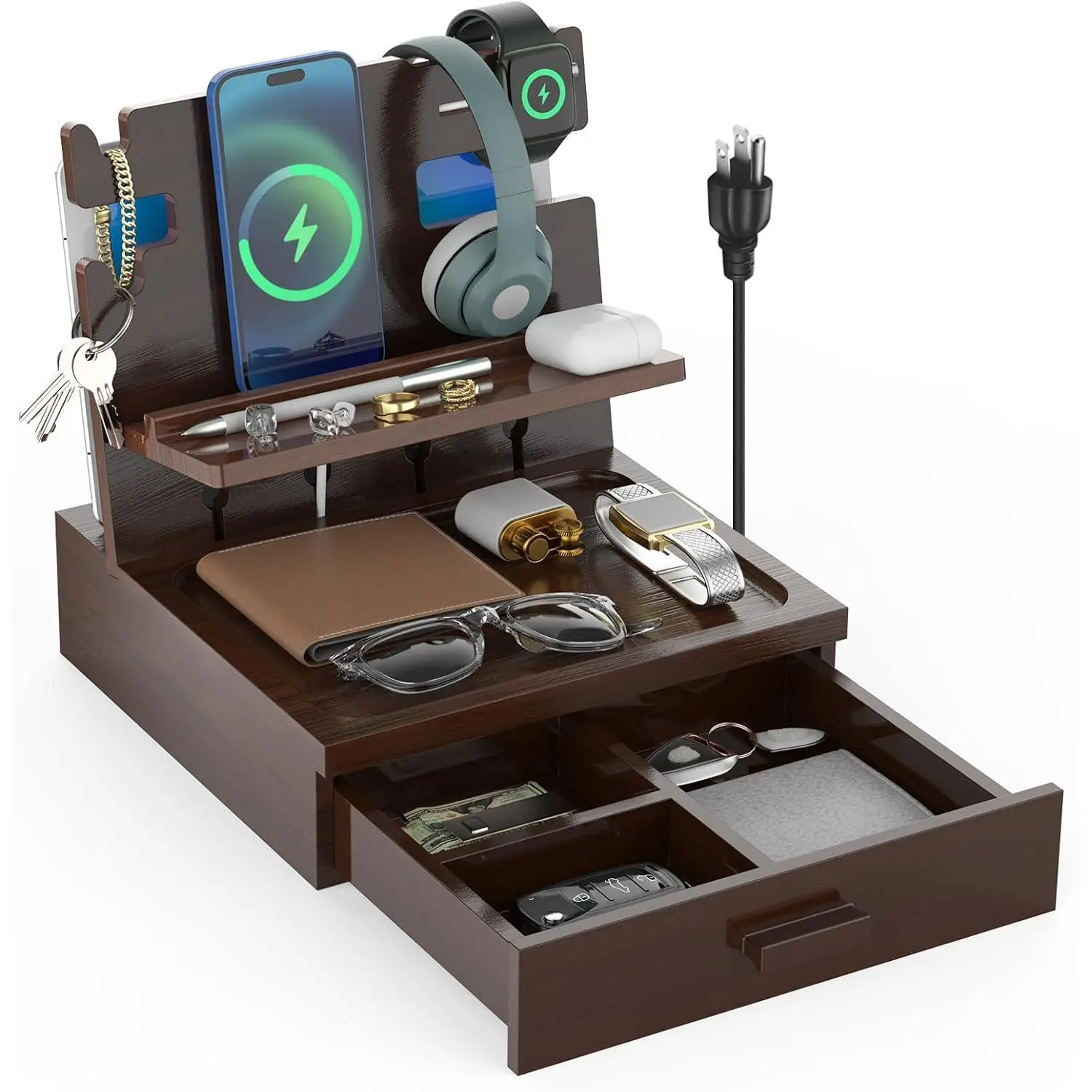 Nightstand Organizer for Men with Drawer  Docking Station with USB Ports and AC Outlets, Gifts for Men, Holds Phone, Tablet, , Glasses, Earphones Etc(Brown)