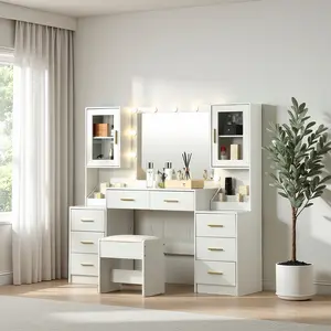 Large Vanity with Foldable Lighted Mirror, 58.3'' Large Makeup Vanity with Outlet, Two Organizers & Chair, Bedroom Dressing Table