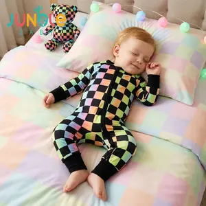 Junblebaby Neon Rainbow Checkerboard Print Baby Romper, baby bamboo zipper romper,baby onesize,Natural Bamboo Fiber Long Sleeve 2-Way Zipper Footed Onesie, Trendy Street Style Sleep Play Pajamas for Baby Boys Girls 0-3T US mitten cuff foot