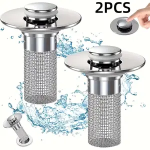 2-Piece Stainless Steel Pop-Up Sink Drain Filter with Removable Basket, Hair Catcher, Easy Snap-On Plug Replacement, No Chemicals Needed, Cleaning, Bathroom Organization