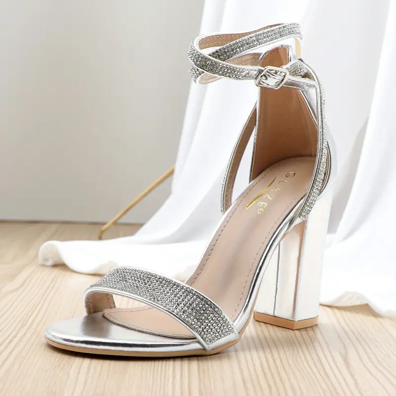 Women's Heeled Sandals-chunky heeled sandals with rhinestones and ankle straps, open-toe dressy glittery heels for weddings, proms and parties YX
