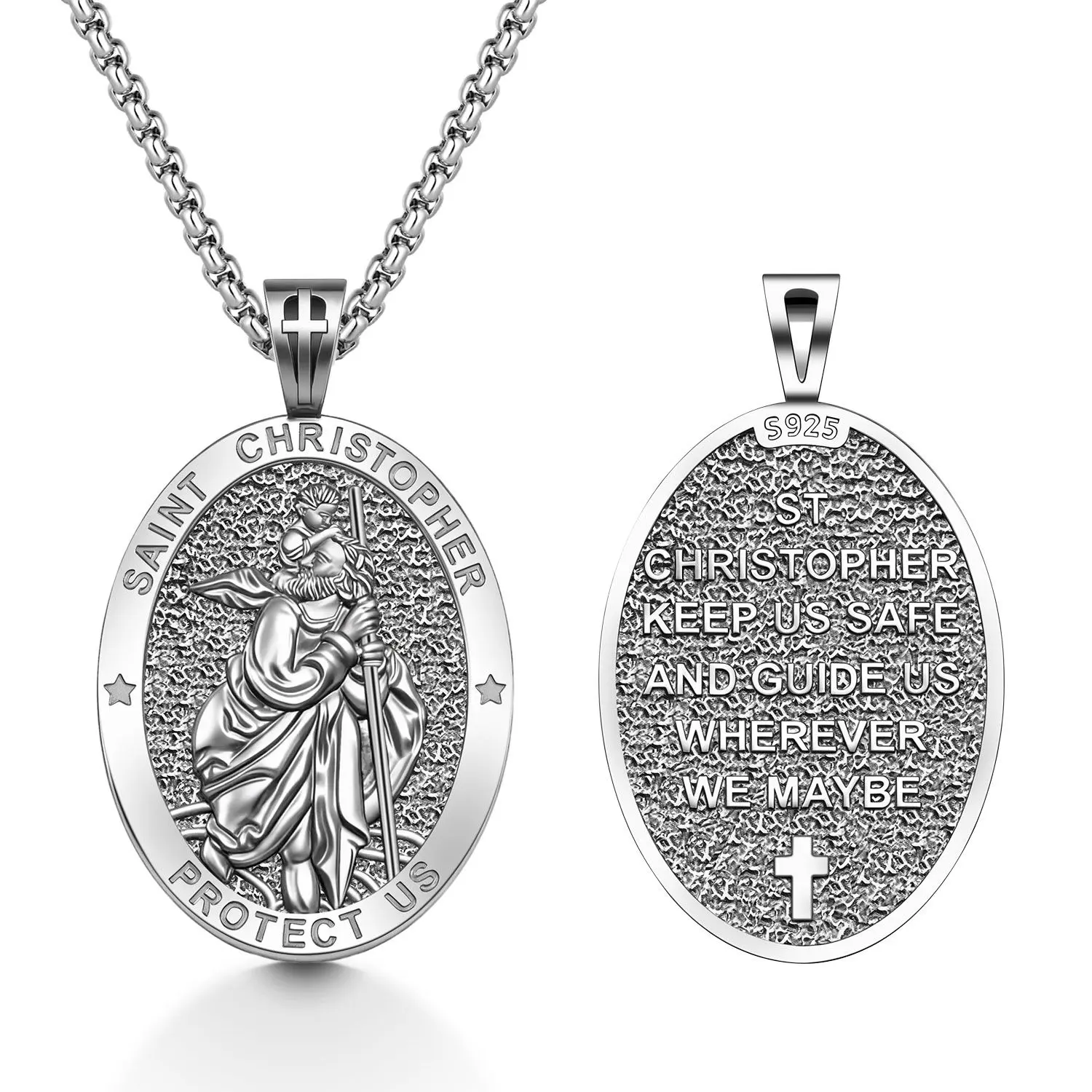 Sterling Silver St Christopher Patron Saint Necklace - Religious Safety Protector Jewelry, Gift Ideas for Women Men (Graduation, Anniversary Gifts), Safety Necklace, Protector Necklace