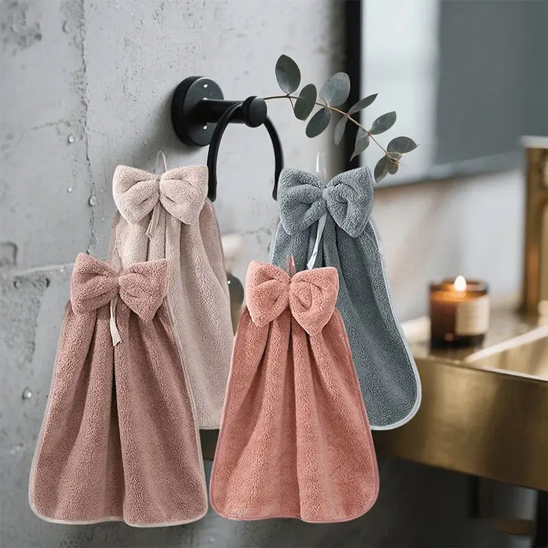 4pcs Super Soft Absorbent Microfiber Coral Velvet Hand Towels with Hanging Loop, Bowknot Design - Decorative Towels for Kitchen, Bathroom