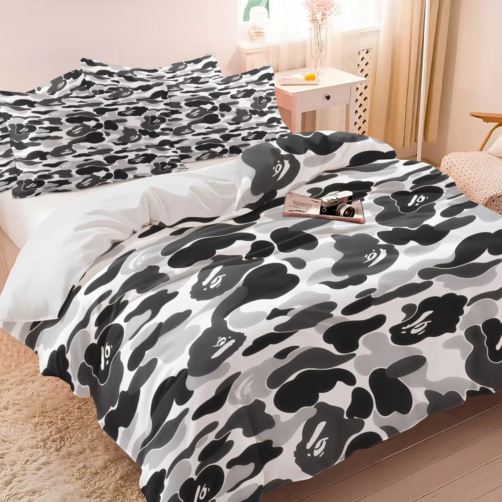 Black & White Camo 3-Piece Duvet Cover Set, Ultra-Soft Microfiber Bedding with 1–2 Pillowcases (No Insert), Streetwear Style Bedding for Teens and Adults, Dorm and Bedroom Decorative Duvet Cover, Bed Set Supplies