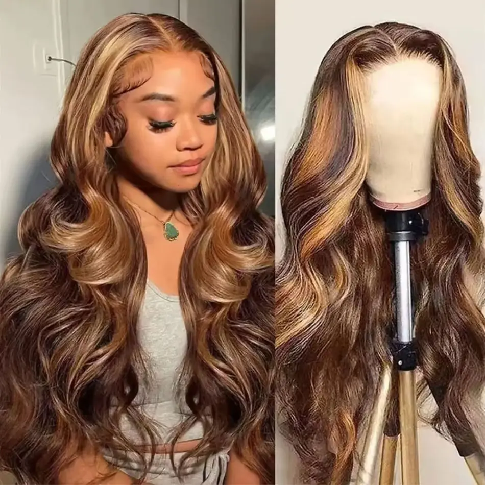 Body Wave Human Hair Wigs P4 27 Highlight HD 13X6 Lace Frontal Wigs Ombre Body Wave Lace Front Human Hair Wigs For Women 180% Density