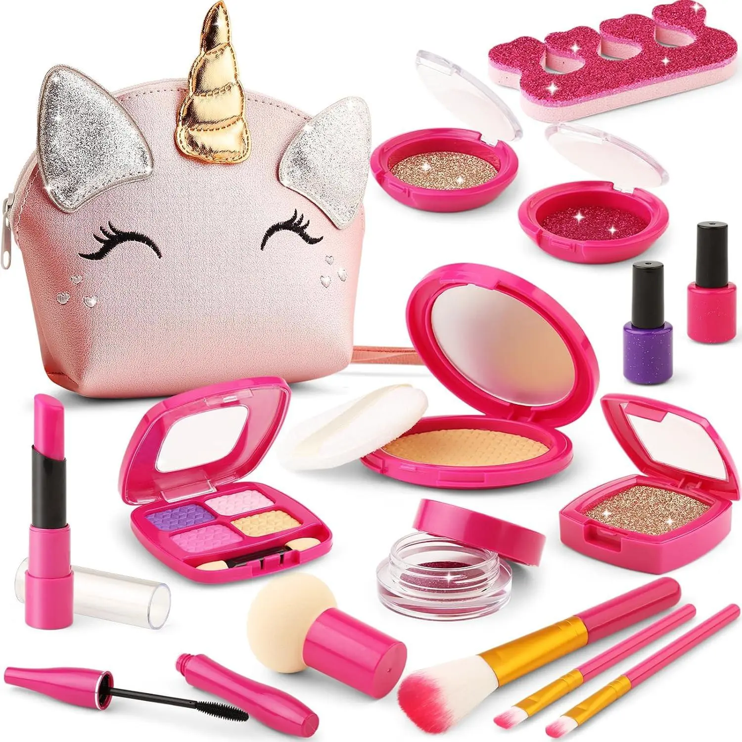 L-MTS041 Toddler Girls' Unicorn Pretend Play Toy Purse Set - Non-Toxic, No Mess or Waste Fake Makeup with Mascara, Nail Polish, Lipstick, Powder Puff, Eye Shadow, Compact, Gifts for 3-8 Year Old Kids