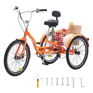 VEVOR Adult Tricycles Bike,  24 Inch Three-Wheeled Bicycles, 3 Wheel Bikes Trikes, Aluminum Alloy Cruiser Bike with Basket & Adjustable Seat, Picnic Shopping Tricycles for Seniors, Women, Men (Orange)