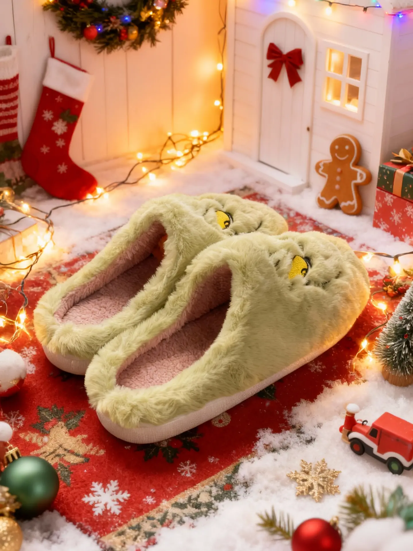 Women's Furry Monster Slide Slippers - Unisex Soft-Soled Cozy House Footwear, Christmas Green Autumn & Winter Novelty Gift, Polyester, Slip On