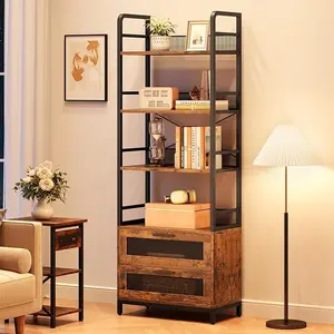 Bookshelf with Drawers Industrial Bookcase with 4 Tiers Open Storage Shelves Rustic Bookshelves 70.87" Tall Display Racks Farmhouse Bookshelf for Bedroom, Living Room, Home Office