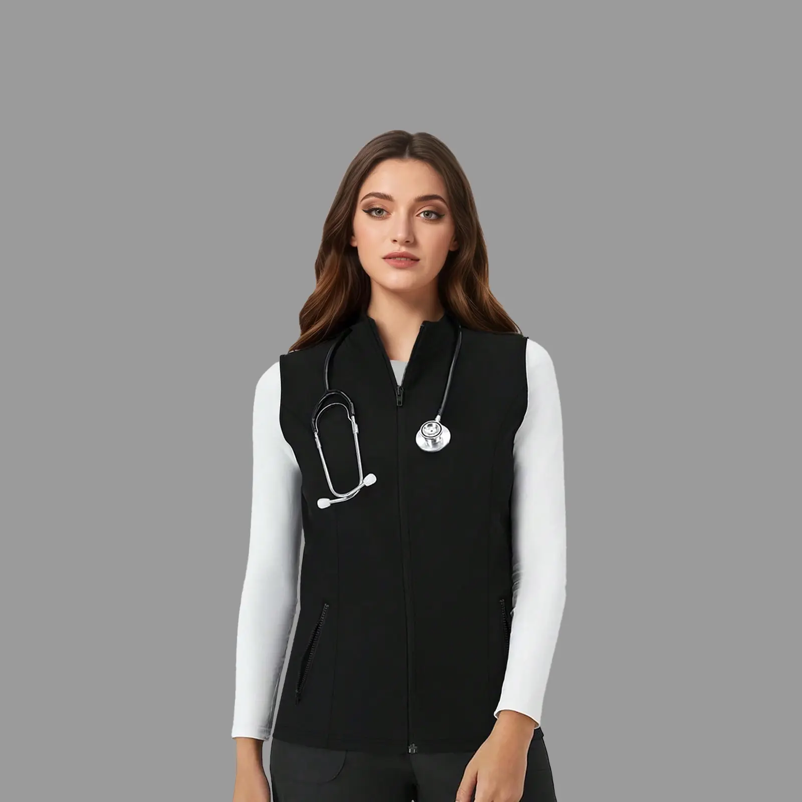 Cimmuovere Women's Wind-Proof Medical Scrub Top Sleeveless Vest with Zipper Pocket Regular Fit Water Resistant 100% Polyester Black
