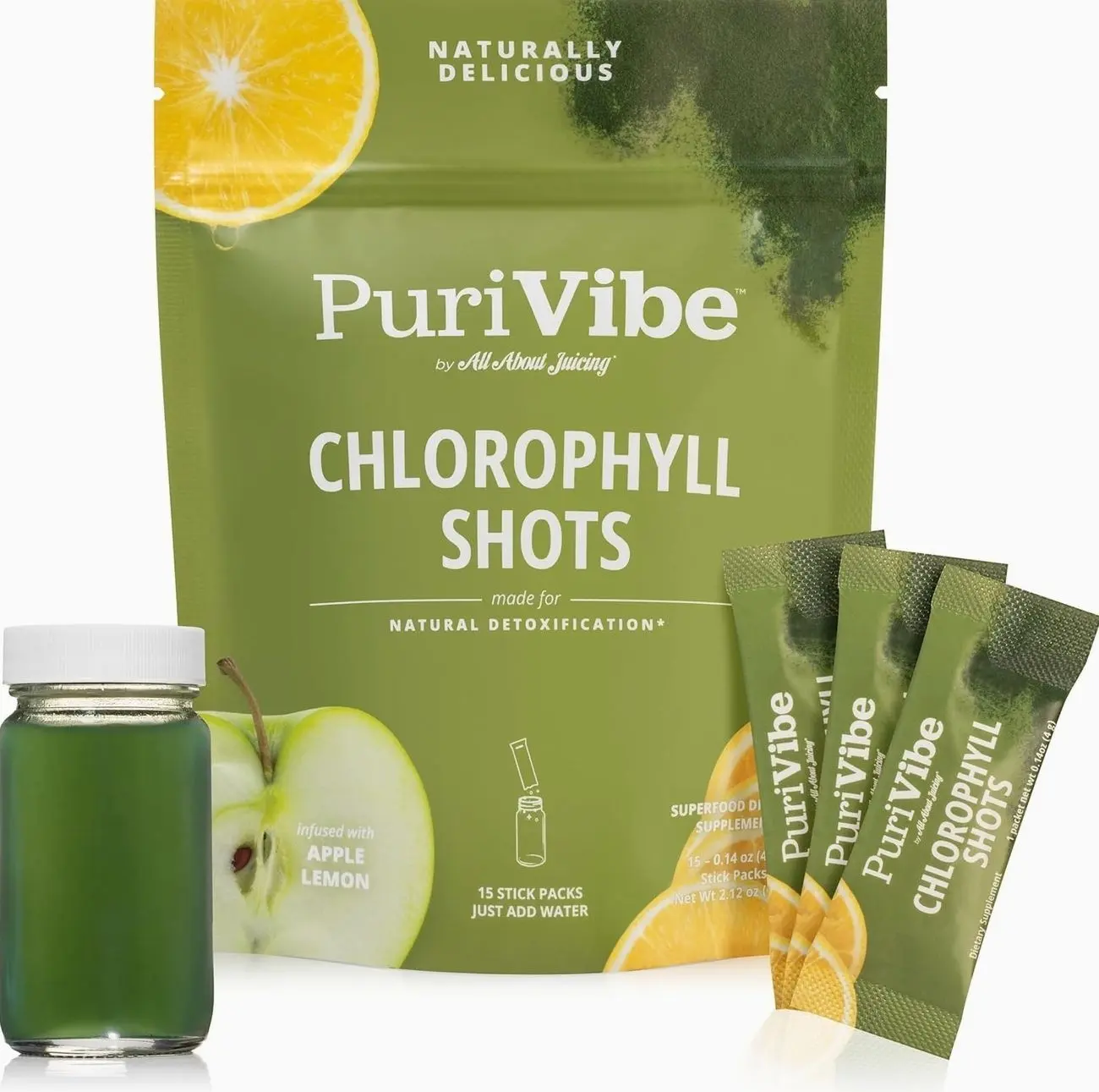 All About Juicing Chlorophyll Green Juice Shots - Clean Energy, Detox, Alkalize - 15 Stick Packs - 120 mg, Superfood Juice Powder - PuriVibe