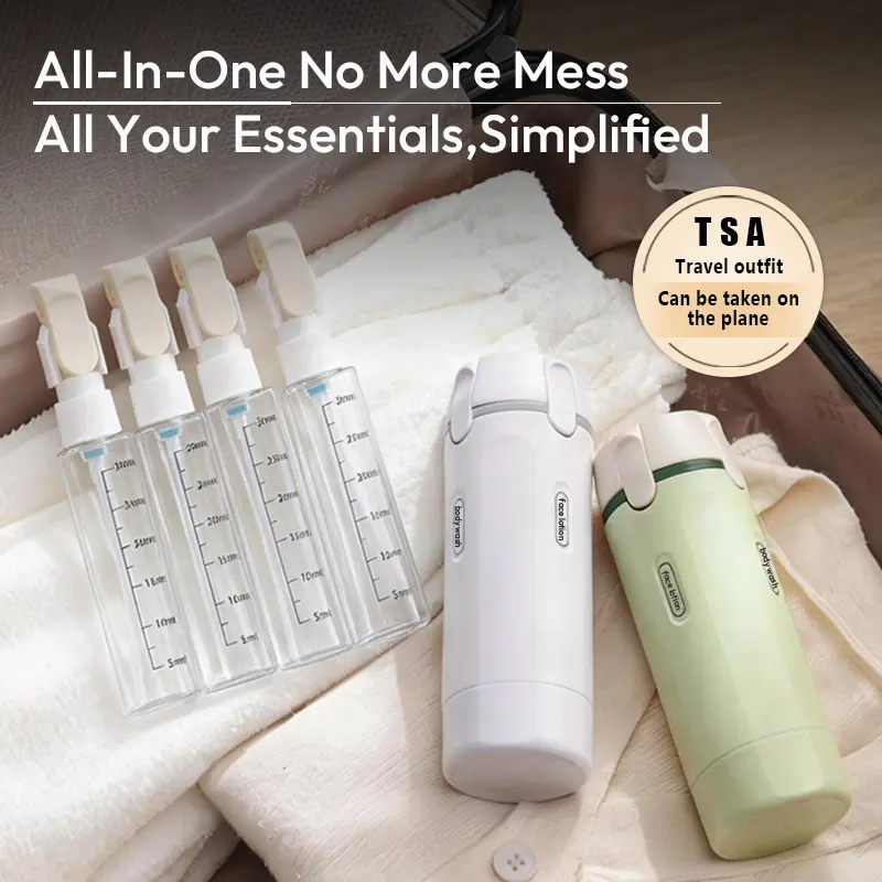 4-in-1 Travel Dispenser Bottles Set Pack (2 Bottles), TSA-Compliant Leakproof Friendly Plastic Storage Containers for Shampoo, Lotion, Compact Home Organizer Refillable Cosmetic Jars, 4In1 Travel Use,dorm room inspo,college dorm essentials,dorm haul