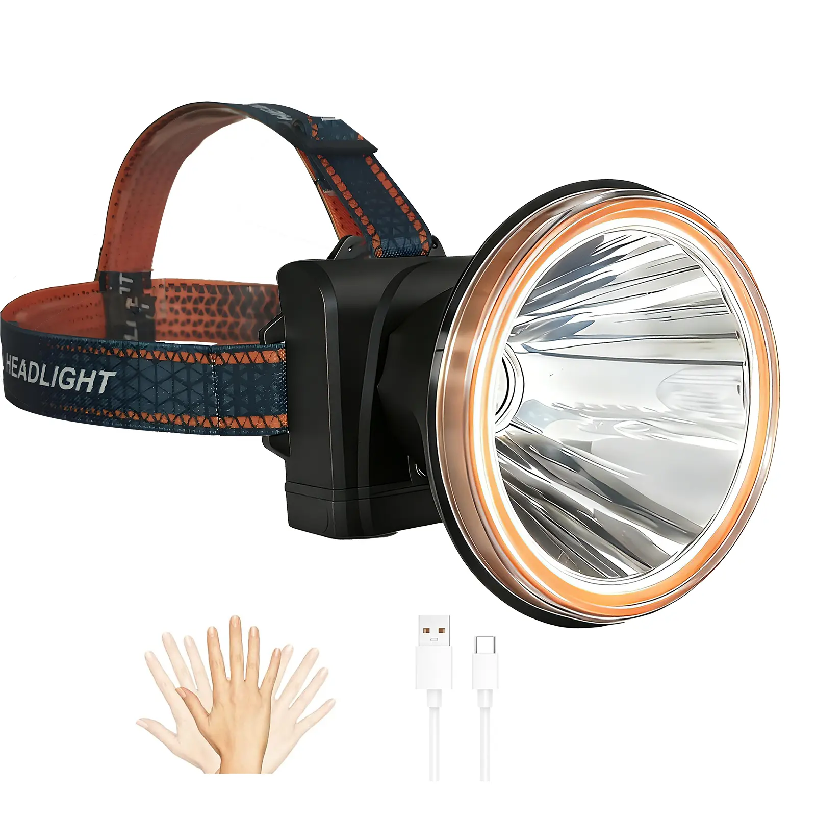 Rechargeable Headlamp Ultra Bright LED Spotlight with Motion Sensor Waterproof for Fishing Camping Hunting Outdoor Activities