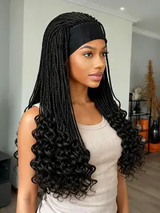 Headband Wigs Deep Wave Hair Wigs With HeadbandFashion  Silk Braided Wig, Long Fine CornrowWave Tail, Easy Wear Daily Use, Stylish Artificial HairExtensionSynthetic Fiber Wigs With Headband Attached For Women Synthetic Kinky Edge