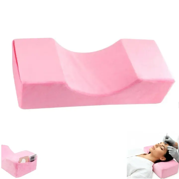 Lash Bed Pillow with Neck Support, Curved Memory Foam Beauty Pillow for Eyelash Extensions, Tattooing, Make Up, Comfortable Eyelash Extensions Neck Pillow with Dual Side Tool Storage Pockets, Suitable for Home & Salon Use