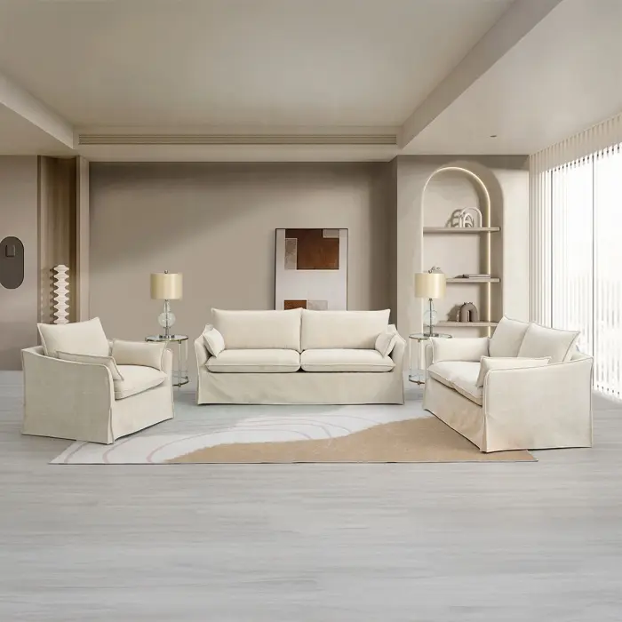 Acme 02910-11 2-Pc Shane Beige Linen-Like Fabric Sofa and Modern Loveseat Set, Flared Arms, Skirted Base, Contemporary Indoor Furniture Living Room