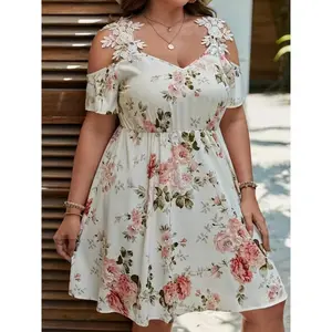 Plus Size Floral Print Dress with Off-Shoulder Lace Detail, Vacation Style, Comfortable Fabric, Non-Stretchy, A-Line Waist Skater