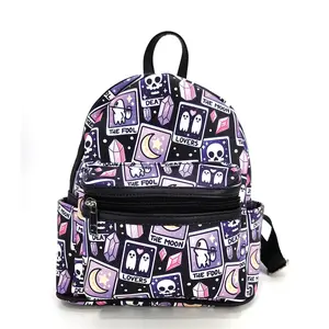 Tarot Card Print Vinyl Mini Backpack, Functional Multi-Pocket Storage Bag with Zippers for Daily Use, Multiple Pockets