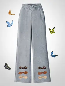 Girls' Casual Wide-Leg Pants - Cotton Blend, Multi-Color Bow Print (Leopard/Brown/Beige), Elastic Waist, Layered Sweet Style, Lightweight, All-Season Wear, Machine Washable