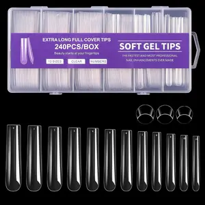 Soft Gel Nail Tips 240Pcs Extra Long Square Clear Acrylic Full Cover 12 Sizes for Beginners & Professionals DIY Salon Quality Manicure