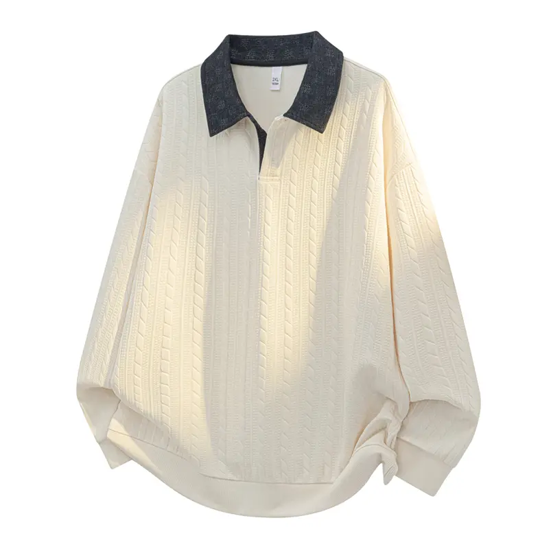 Men's Oversized Plaid Polo Sweater - Menswear, Classic Textured Cable Weave Knitwear, Denim Lapel, Loose Drop Shoulders, Ribbed Vintage Preppy Long Sleeve Top for Fall Winter Campus Wear