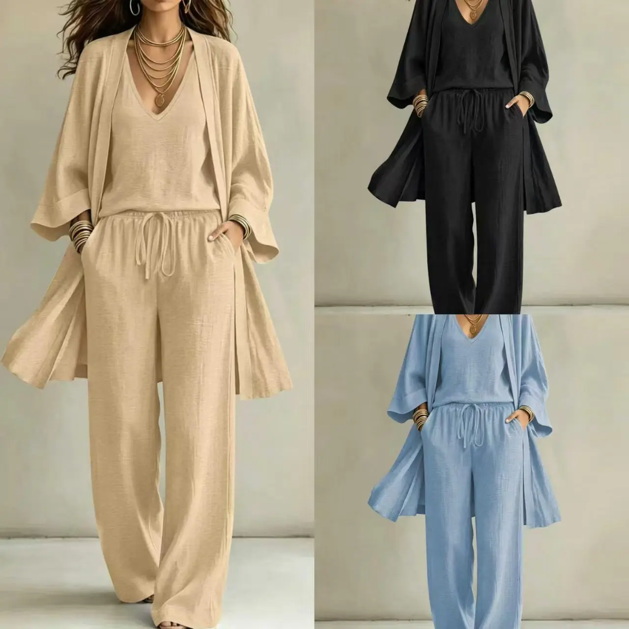 Women 3 Pieces Casual Matching Set Solid V-Neck Sleeveless Tank Tops Long Open Front Kimono Cardigan Drawstring Elastic Waist Wide Leg Trousers Loose Comfort Loungewear Vacation Outfit Tracksu