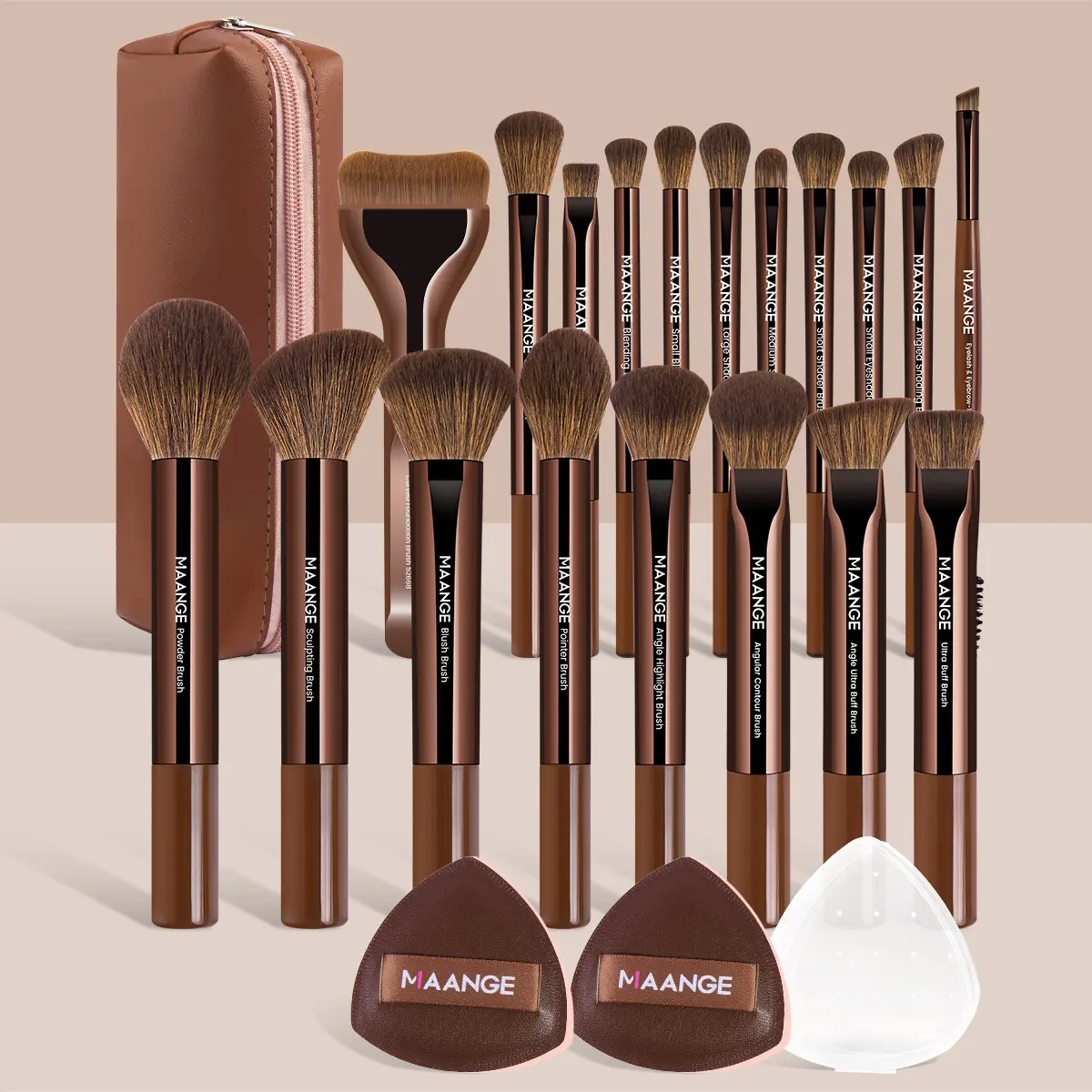 MAANGE 22pcs Makeup Tool Set, Face Brush Set, Cosmetic Tools, Makeup Brushes Kits Includes 19pcs Makeup Brushes + 2pcs Powder Puffs + 1pc Cosmetic Bag, Foundation, Blush, Highlight, Eyeshadow, Blending, Eyebrow Brushes, Beauty Kit for Daily Use