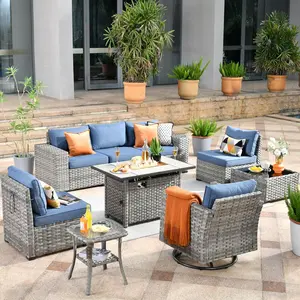 POUUIN 9 Piece Modular Patio Outdoor Sectional Furniture Set with Large Propane Fire Pit Table, Wicker Conversation Sofa Set with Swivel Chairs, Outside Couch Set