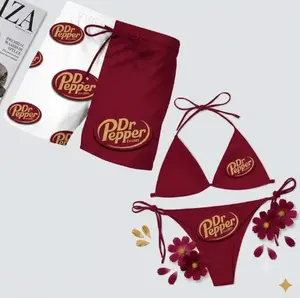 Matching Couples Swimwear - Dr Pepper Hawaiian Print Men's Swim Trunks & Women's Bikini Set - Summer Vacation Beachwear
