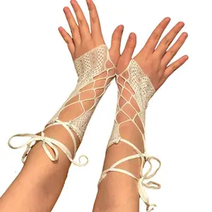 Women's Fishnet Bandage Gloves With Exposed Fingers  Solid Color Short Sleeves Elastic Crossed