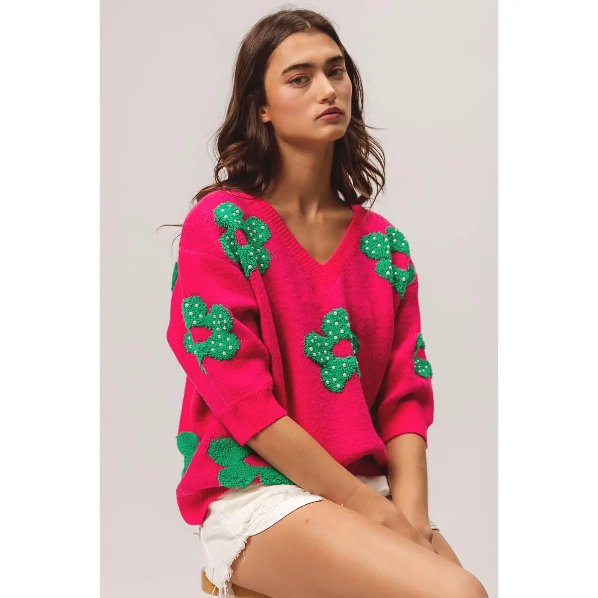 BiBi Pearl Beads Flowers Sweater Top