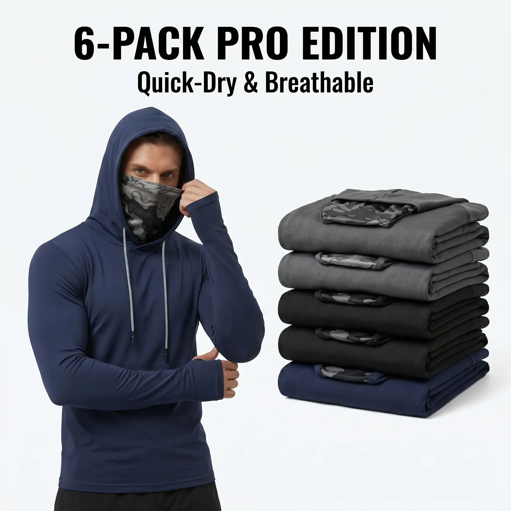Men's 6-Pack Pro Sun Protection Hoodies with Face Mask, Quick-Dry UPF Long Sleeve Work Shirts, Snag-Proof Tear Resistant Dust & Wind Guard Machine Washable Athletic Clothes, Snag‑Proof Fabric