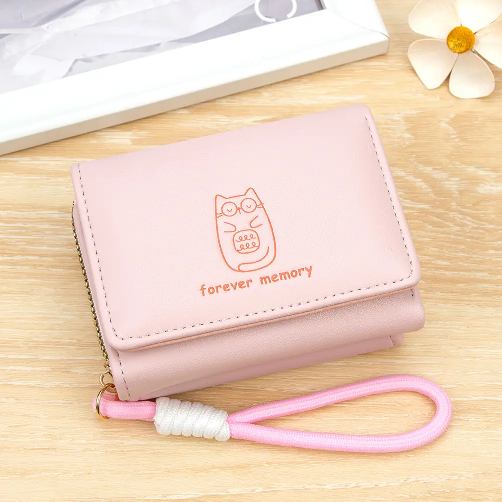 W02-Kitten hanging rope girl's wallet short, large capacity card bag zipper, hand-held wallet